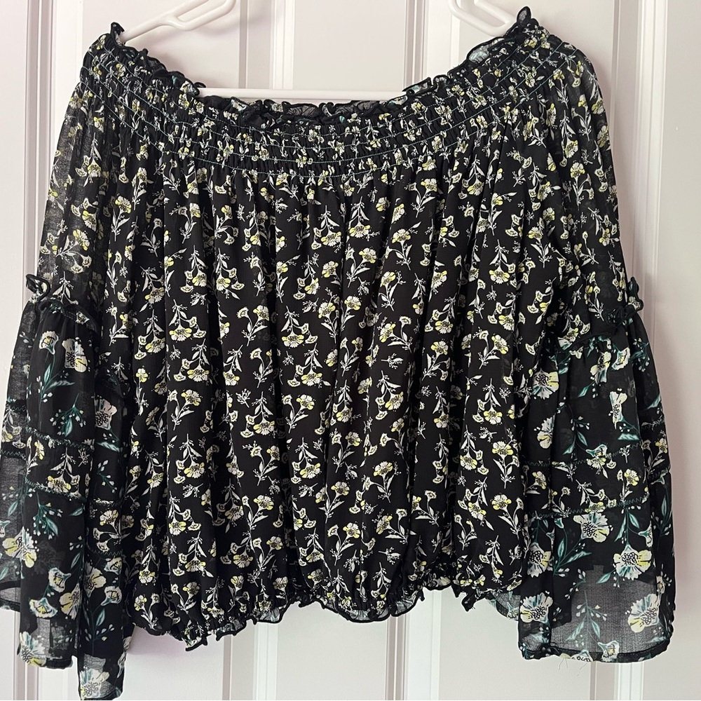Free People Black Floral Off-Shoulder Blouse